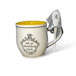 Katie Mandy Ceramic Mug w/ Spoon Yellow Interior "Tell Me Something Good" Design